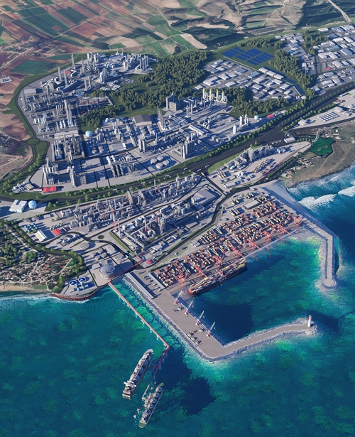 Full masterplan aerial — port terminal and refinery district