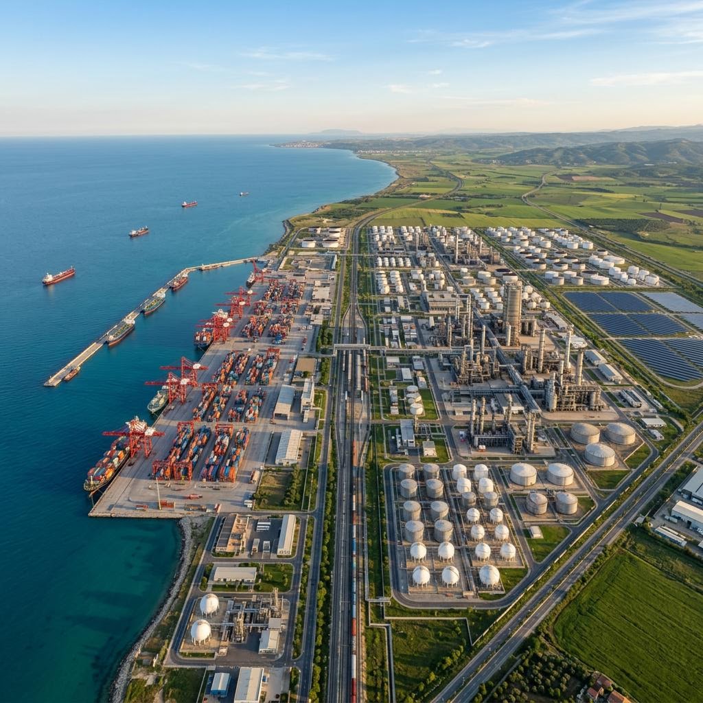 Integrated petrochemical zone at golden hour
