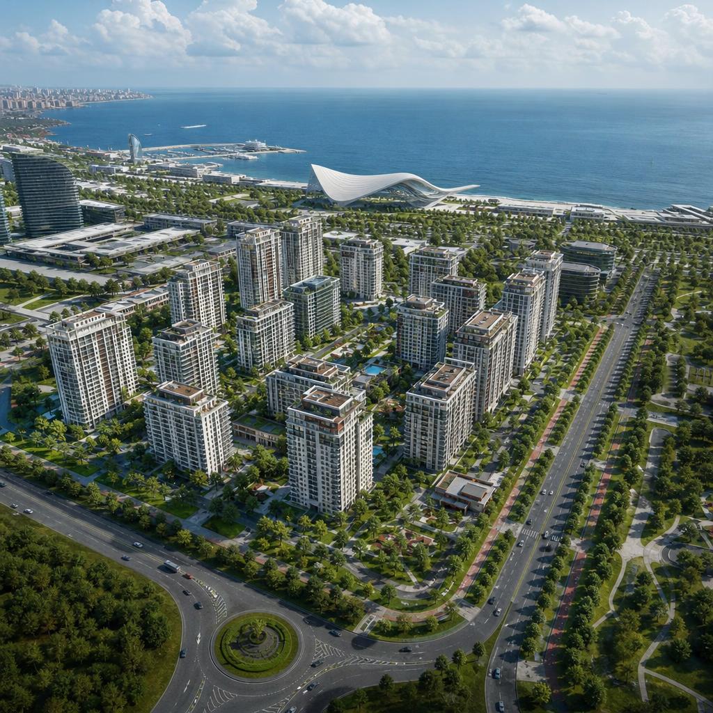 Aerial view of White City and the Caspian waterfront