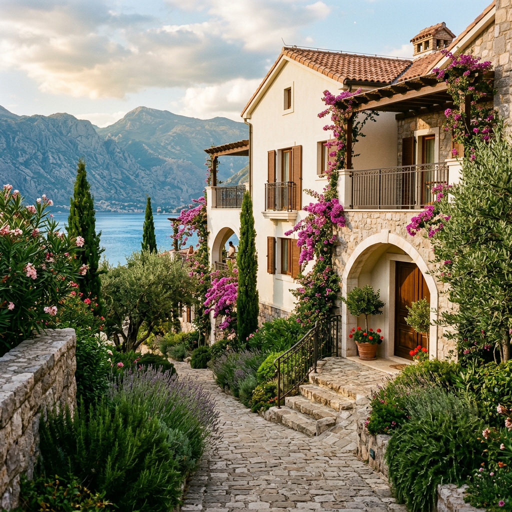 Boutique residence entrance — Mediterranean landscaping