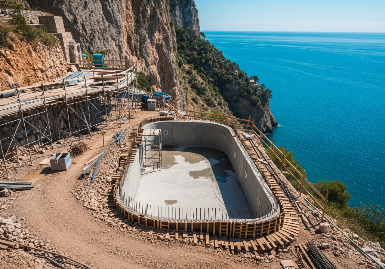Communal pool and terraces under construction