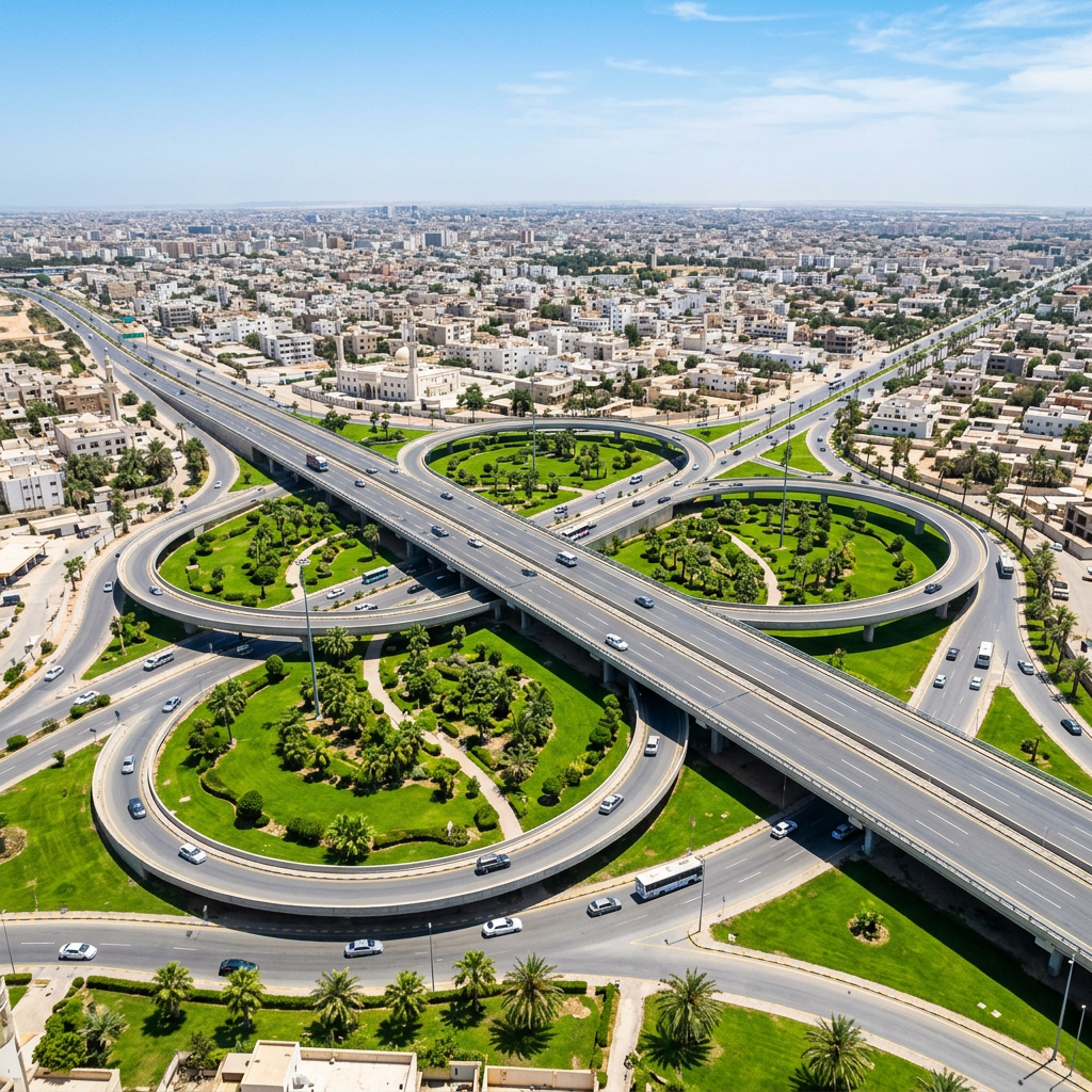 Multi-level interchange with landscaped roundabouts