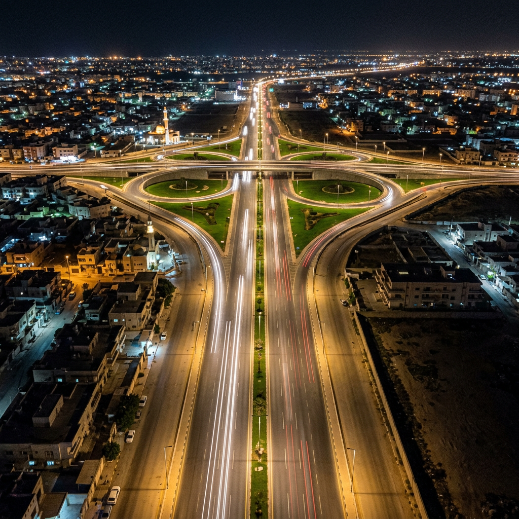 LED-lit expressway corridor at night