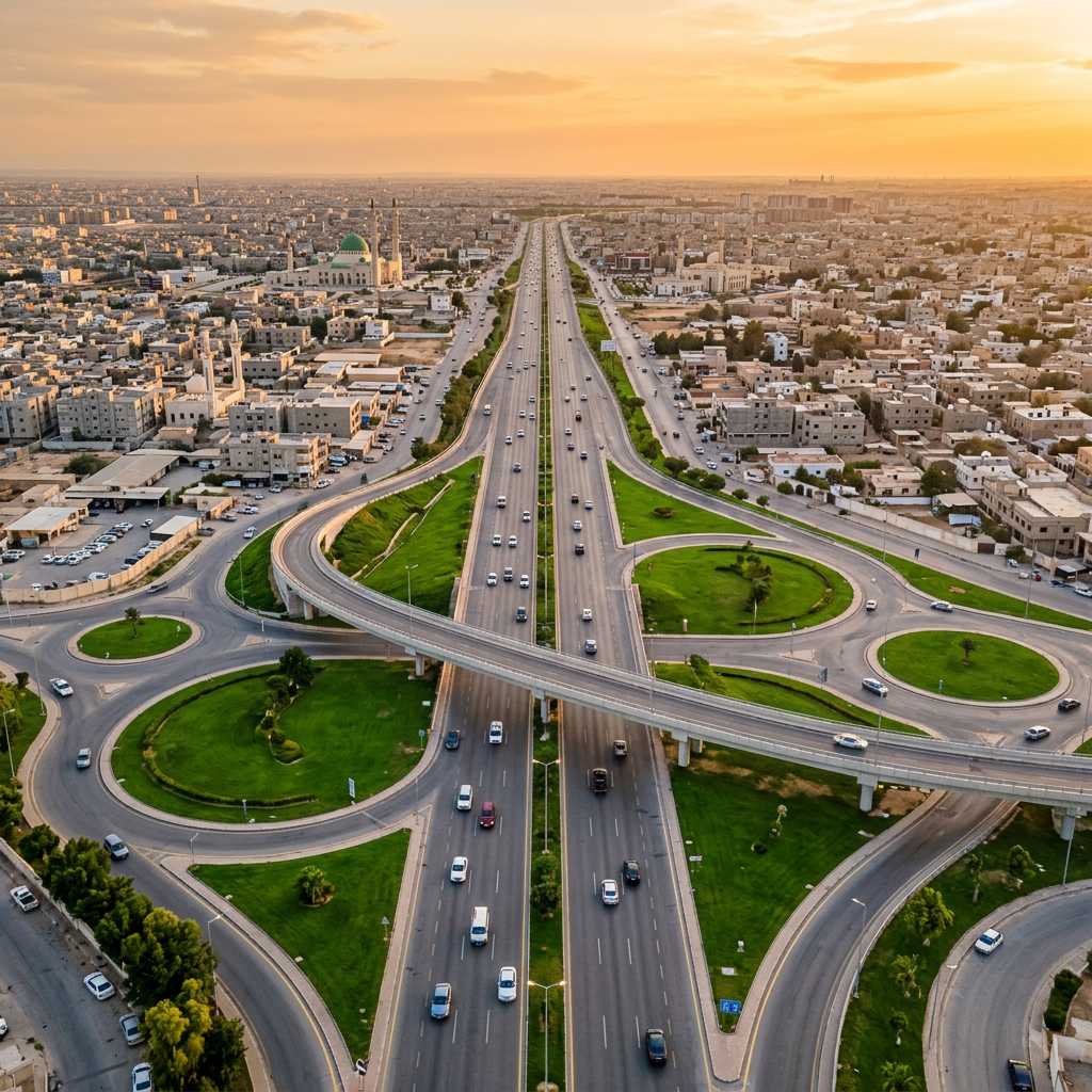 Dual three-lane carriageway at sunset